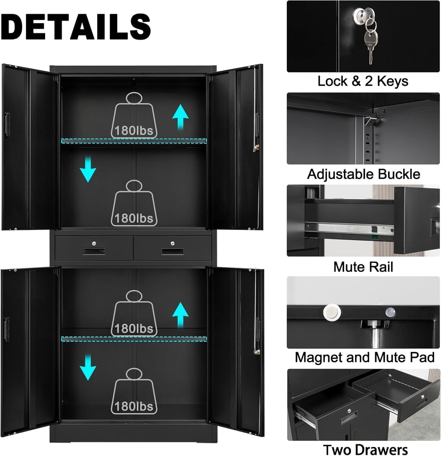 Garvee Heavy Duty 73" Metal File Cabinet with Lockable Wheels, Locking Doors, 2 Drawers, and Adjustable Shelves, Durable Mobile Storage Locker for Office Garage & Workshop, Black