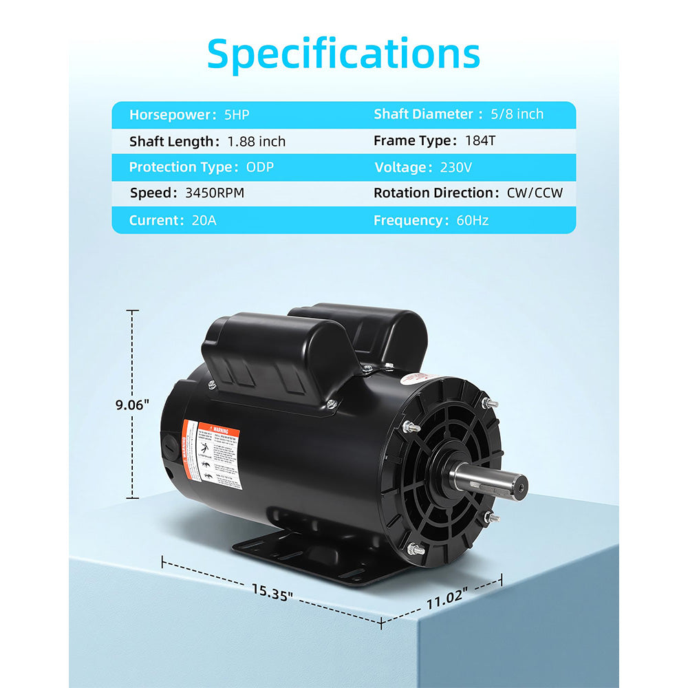 Garvee 5HP Air Compressor Motor 56C Frame Dual Rotation Steel Shell 230V for Pumps & Machinery