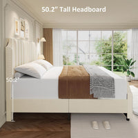 Garvee King Size Platform Bed Frame with 50.2" Headboard, Velvet Upholstered Bed Frame King with Vertical Channel Tufted Headboard & Footboard, Nailhead Trim, No Box Spring Needed, Cream