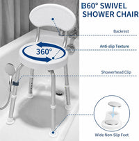 Garvee 360° Swivel Shower Chair with Backrest, Non-Slip Bathtub Chair, Height Adjustable Bath Seat for Elderly, Seniors and Disabled, Compact Shower Bench for Inside Tub or Shower, White