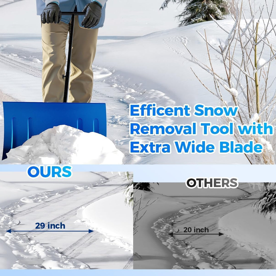 Garvee Snow Shovel with Wheels 29"W X 20" H Steel Adjustable Handle Dual-Wheel Heavy Duty Replaceable Blade Driveway Sidewalk