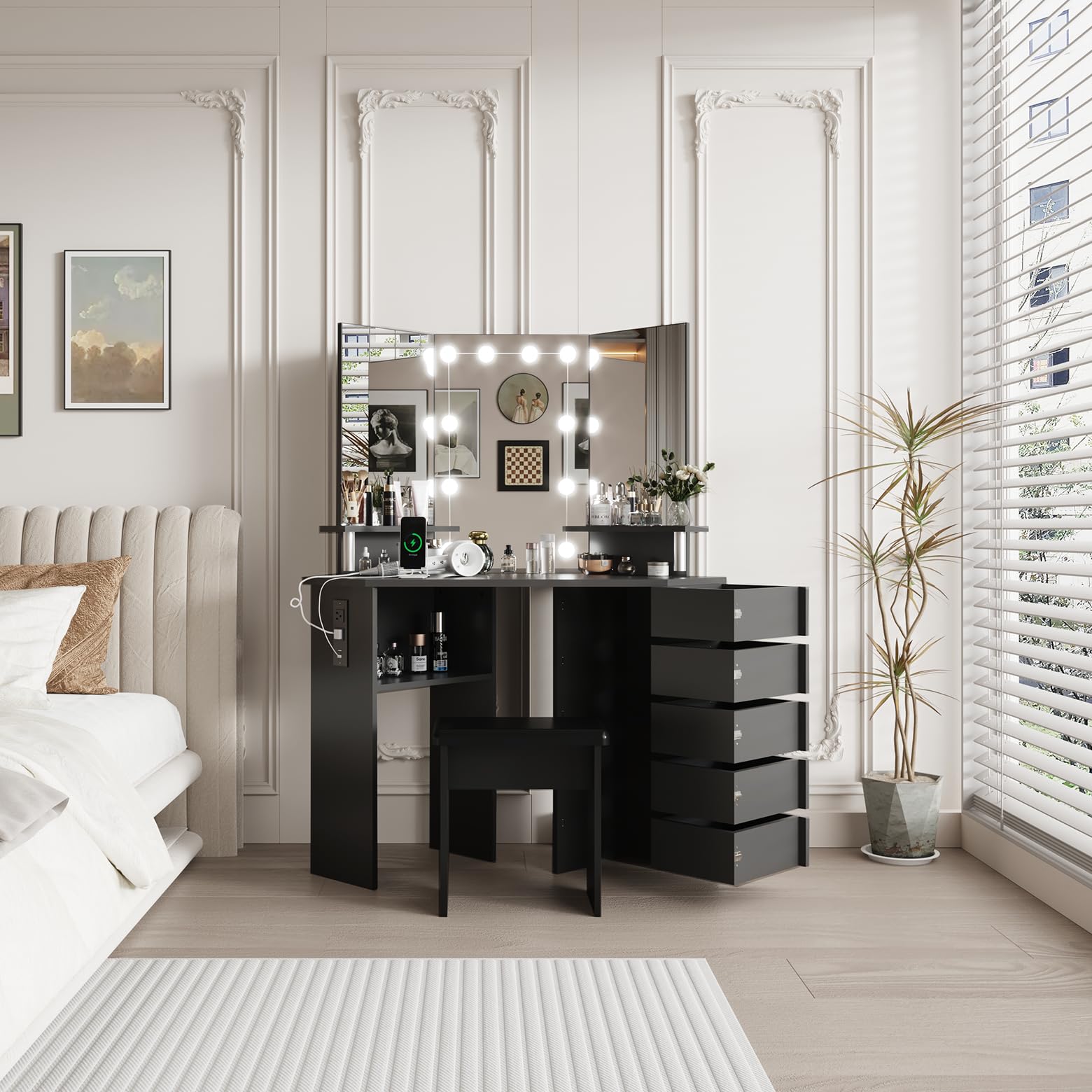 grey corner dressing table Corner Vanity with Mirror and Lights,Modern Makeup Vanity Set with Power  Outlet,Large Storage Dressing Table with Drawers and Shelves for