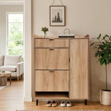 Garvee Shoe Rack Wave Pattern Shoe Cabinet With Double Shoe Trays & 1 Drawer For Entryway Oak Metal Legs Narrow Storage