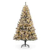 Garvee Pre-Lit Artificial Christmas Tree with Warm White Lights, 6FT Tall Lighted Xmas Tree with Foldable Metal Stand, Large Snow Flocked Xmas Tree for Office, Home, Holiday Party, Christmas Decor