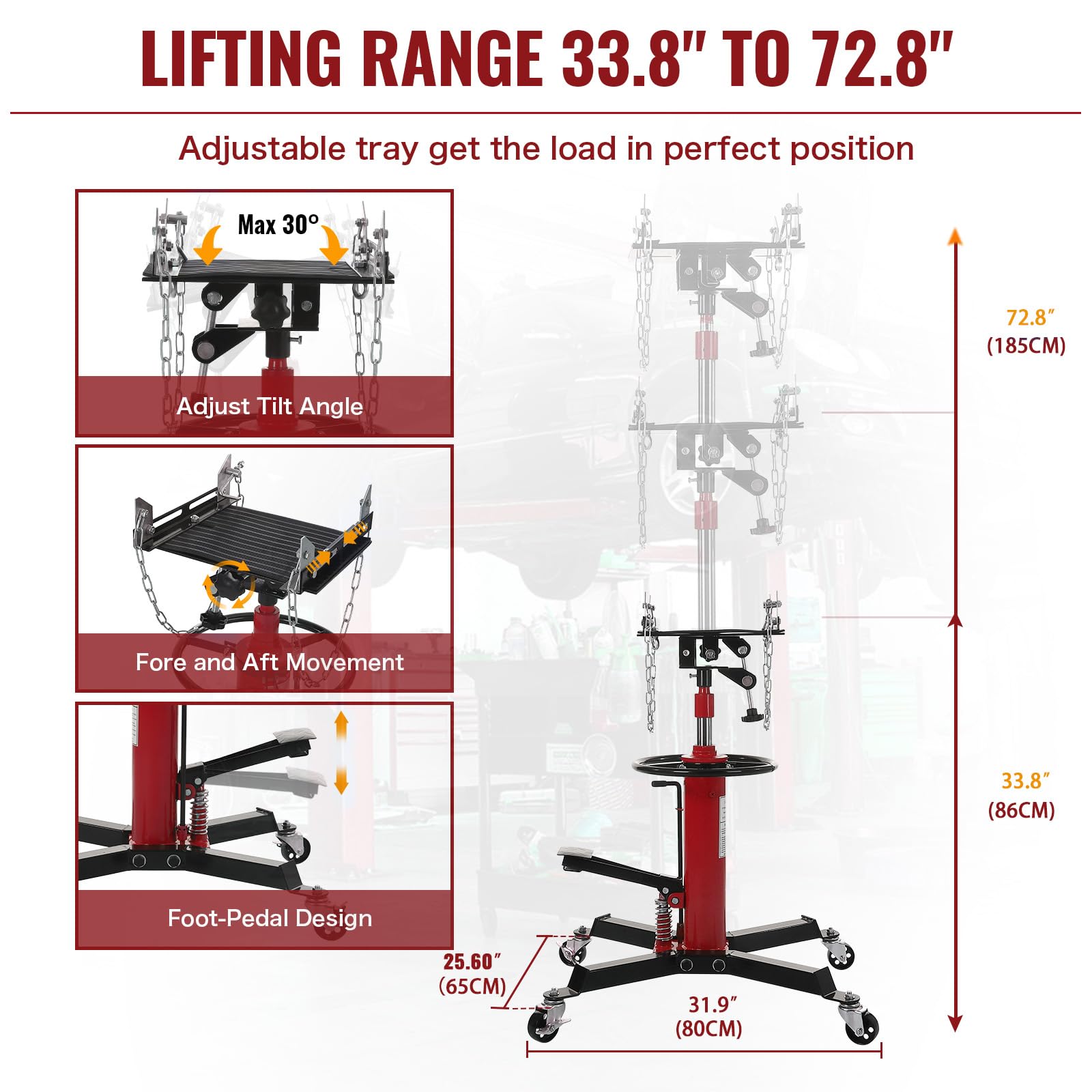 red 2 stage transmission jack with 33.8 to 72.8 inch lift range