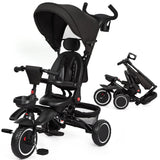Garvee Baby Tricycle, 7 in 1 Folding Toddler Bike w/Removable Adjustable Push Handle, Canopy, Rotatable Seat, Safety Harness, Cup Holder & Storage, Trike for 1-5 Year Old, Tricycle for Toddlers - Black