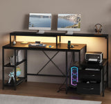 Garvee Office Desk with LED Light & Power Outlets, 63 inch Computer Desk with Monitor Stand and Printer Space, Gaming Desk with Drawers and Storage Shelves for Study Writing Working, Grey Oak - Grey Oak