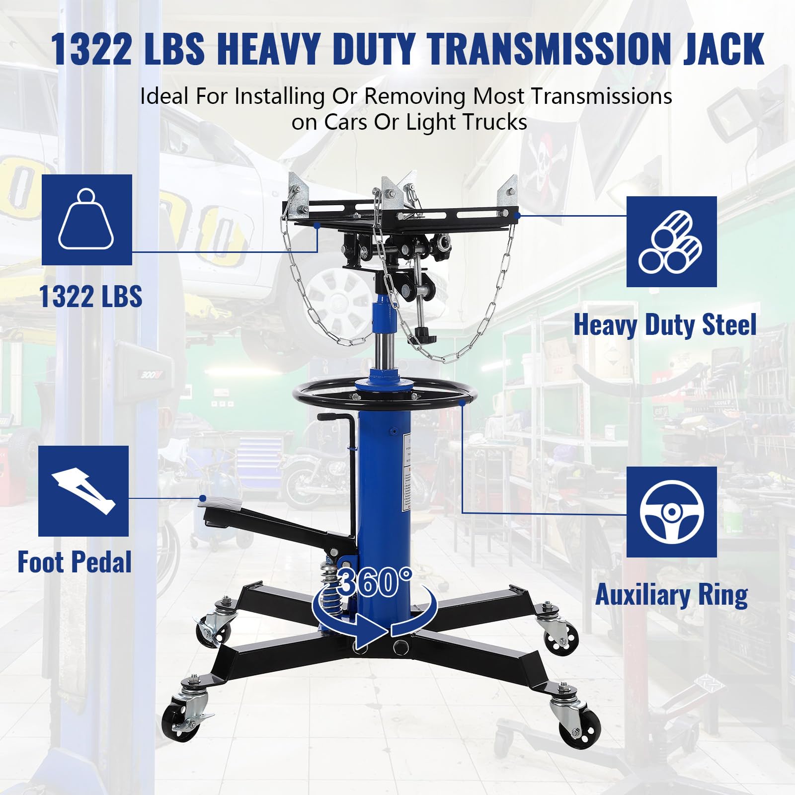 blue hydraulic transmission jack rated for 1322 lb capacity