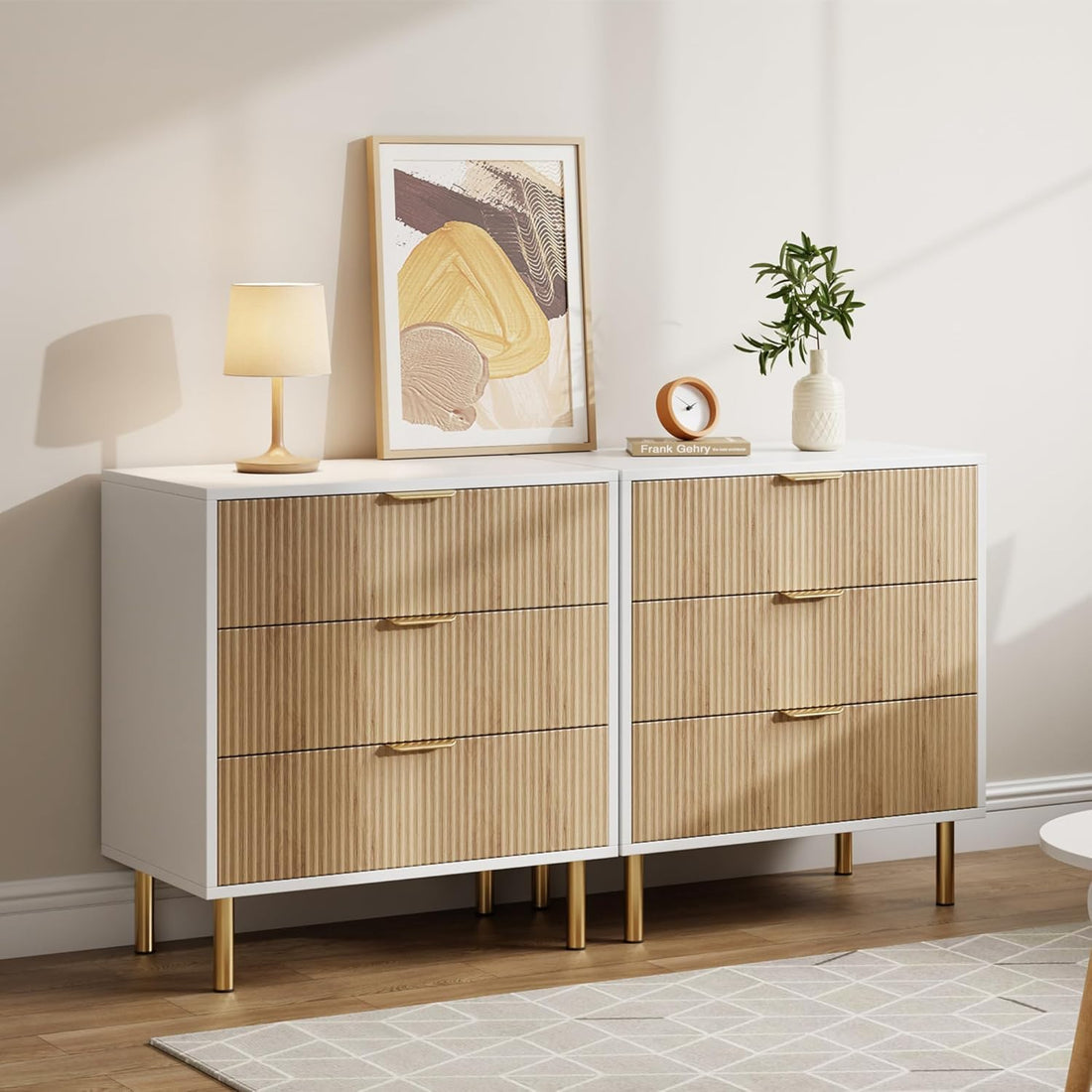 Garvee Modern 3 Drawer Dresser for Bedroom with Gold Handle and Large Drawer, Wood Double Chest of Drawers and Storage Organizer for Living Room, Hallway, Entryway, Natural Oak&White