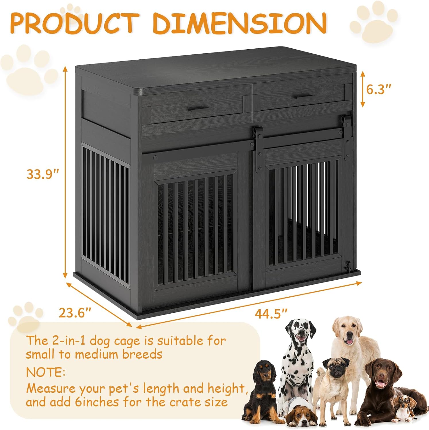 Garvee Heavy Duty Wooden Dog Crate Furniture with Sliding Barn Door and 2 Storage Drawers, Indoor Dog Kennel End Table with Hook, Farmhouse Style Dog Crates for Medium/Large Dogs, Black