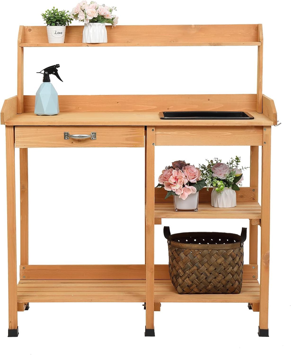 Outdoor Garden Potting Bench with Sink, Drawer, Solid Wood