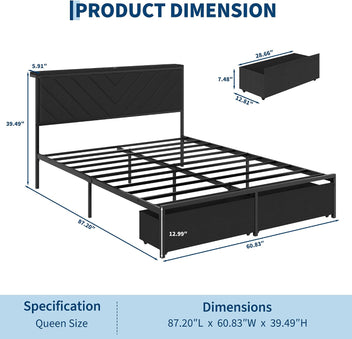 Garvee Queen Size Metal Platform Bed Frame with Upholstered Storage Headboard & Shelf, 2 Rolling Underbed Drawers, Charging Station, No Box Spring Needed, Easy Assembly, Black