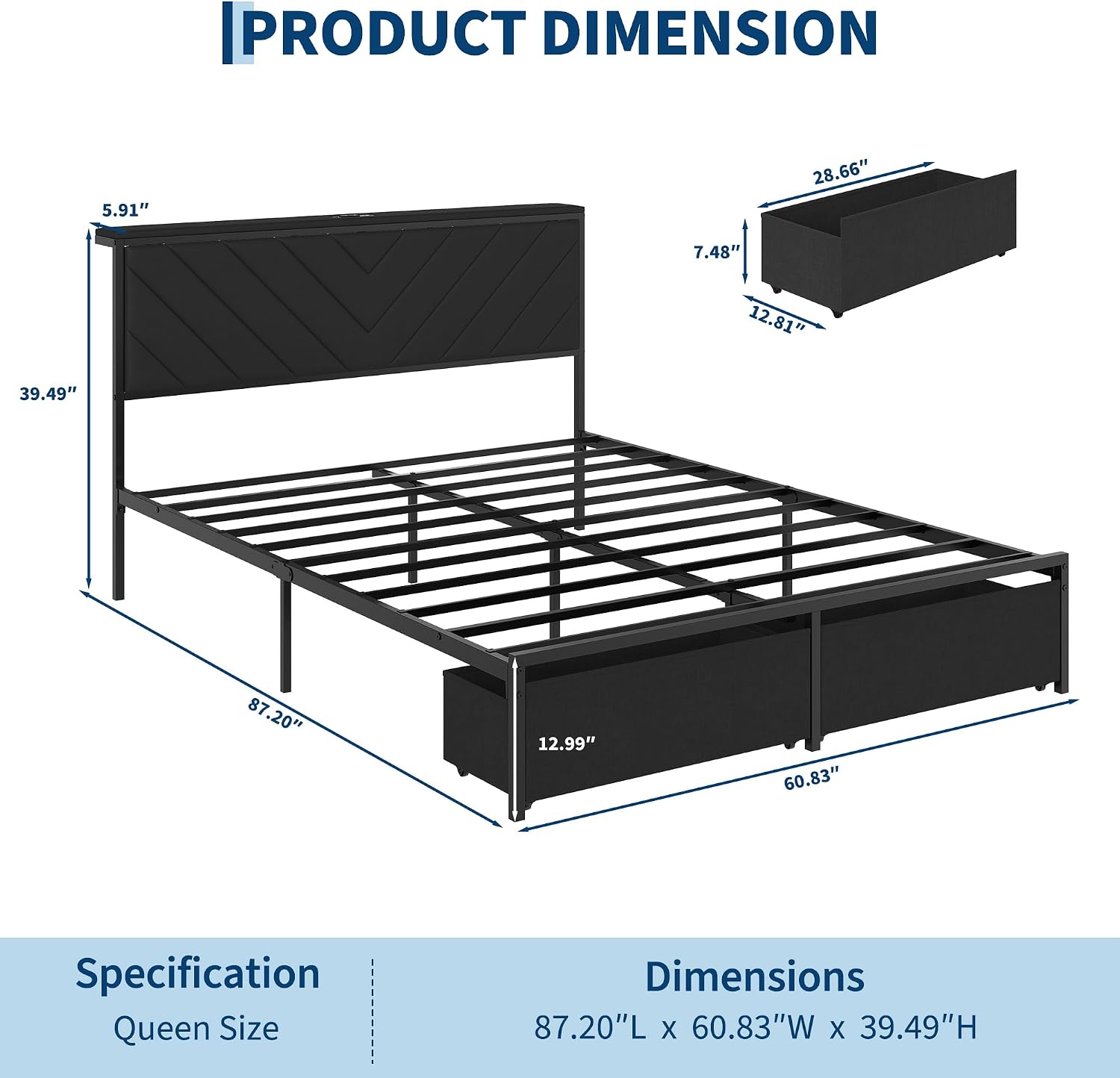 Garvee Queen Size Metal Platform Bed Frame with Upholstered Storage Headboard & Shelf, 2 Rolling Underbed Drawers, Charging Station, No Box Spring Needed, Easy Assembly, Black