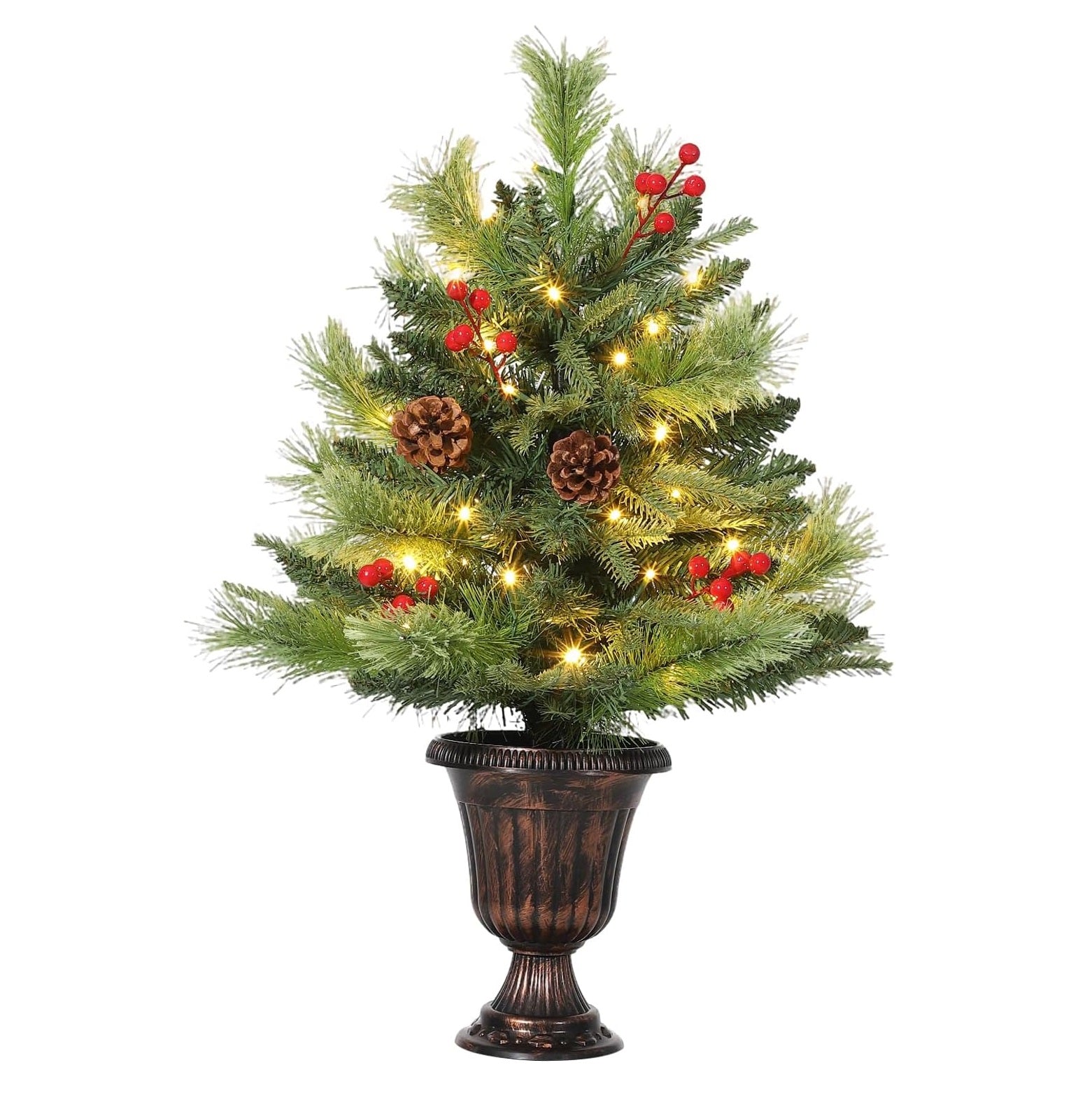 Garvee 2Ft Pre-Lit Tabletop Christmas Tree, Small Christmas Tree with 40 Warm White LEDs, Artificial Mini Xmas Tree with Pine Cones & Red Berries for Home Office Holiday Decor