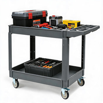 Garvee 2 Shelf Utility Service Cart,Heavy Duty PP Service Rolling Utility Cart with 360° Swivel Wheels (2 with Brakes),550LBS, Large Lipped Shelf, Ergonomic Storage Handle for Warehouse/Garage/Cleaning
