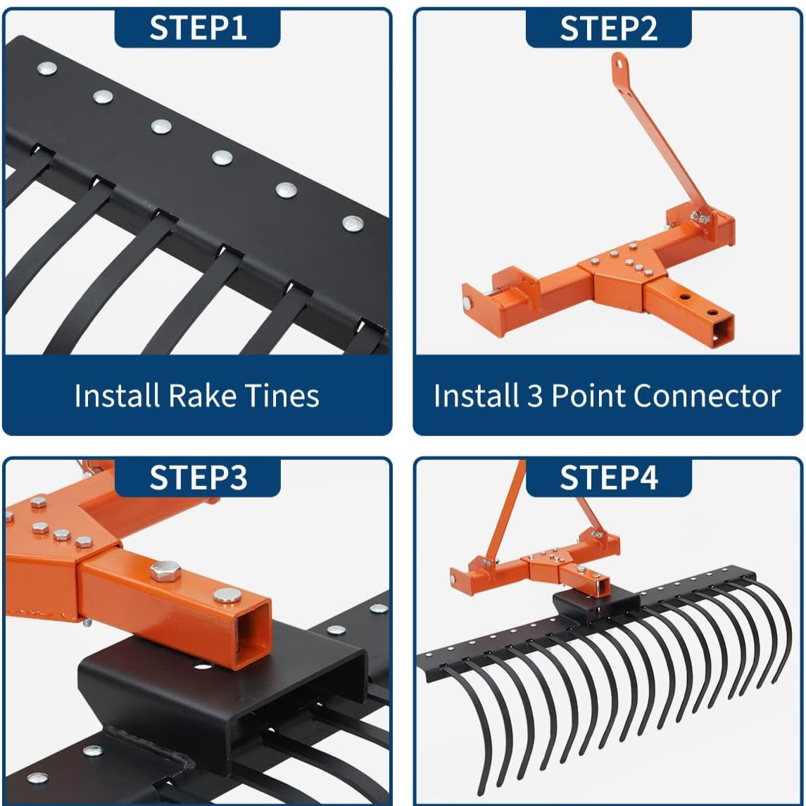 Garvee 50" Landscape Rake with 360° Rotation & Replaceable Spring Steel Tines, Carbon Steel Frame, Quick Mount, CAT-0 CAT-1 Hitch, for Brush Clearing & Soil Prep