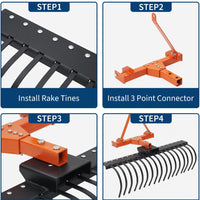 Garvee 50" Landscape Rake with 360° Rotation & Replaceable Spring Steel Tines, Carbon Steel Frame, Quick Mount, CAT-0 CAT-1 Hitch, for Brush Clearing & Soil Prep