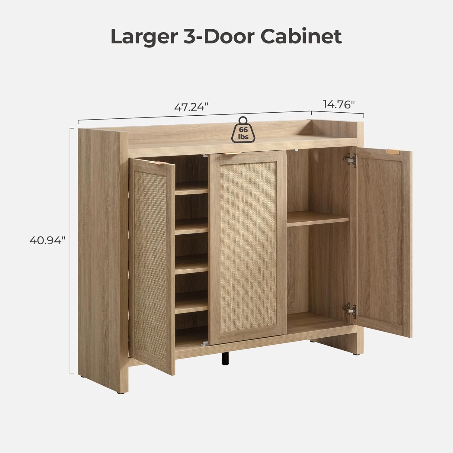 Garvee Boho 47" Rattan Shoe Storage Cabinet with 3 Doors and Adjustable Shelves for Hallway Living Room, Light Oak