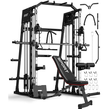 Garvee Smith Machines Home Gym with Bench, Squat Rack, Dual LAT Pull-Down Systems & Cable Crossover for Full-Body Workouts, Adjustable, Black