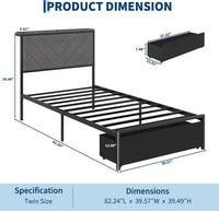 Garvee Twin Size Metal Platform Bed Frame with Upholstered Storage Headboard & Shelf, 2 Rolling Underbed Drawers, Charging Station, No Box Spring Needed, Easy Assembly, Gray