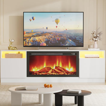 Garvee Modern TV Stand for TV Up to 75" TV, 70 ''White Television Console Table Cabinets With Storage,Wooden Entertainment Center for Living Room, Fits Into 36'' Electric Fireplace(Not Included Fireplace)
