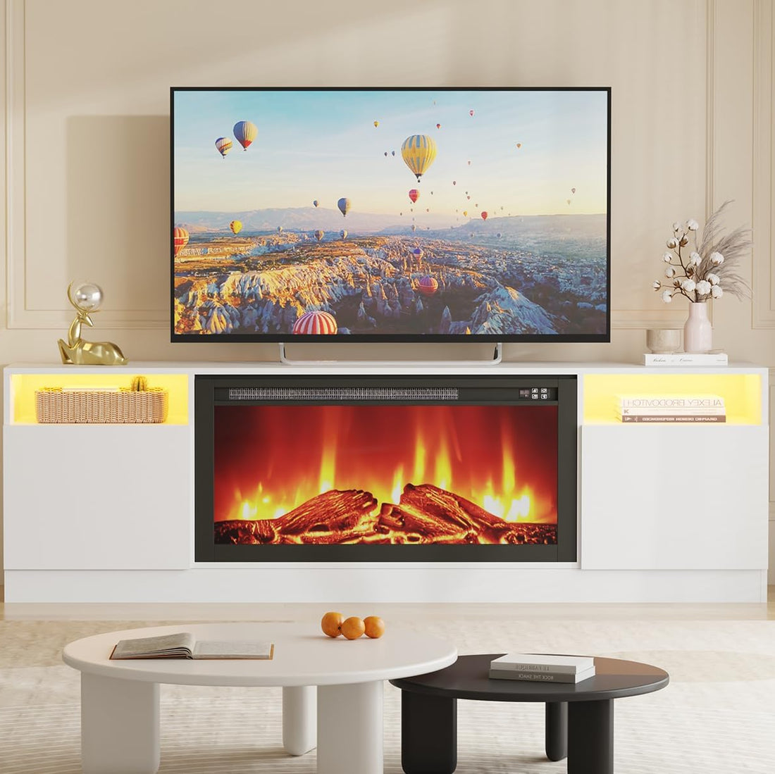 Garvee Modern TV Stand for TV Up to 75" TV, 70 ''White Television Console Table Cabinets With Storage,Wooden Entertainment Center for Living Room, Fits Into 36'' Electric Fireplace(Not Included Fireplace)