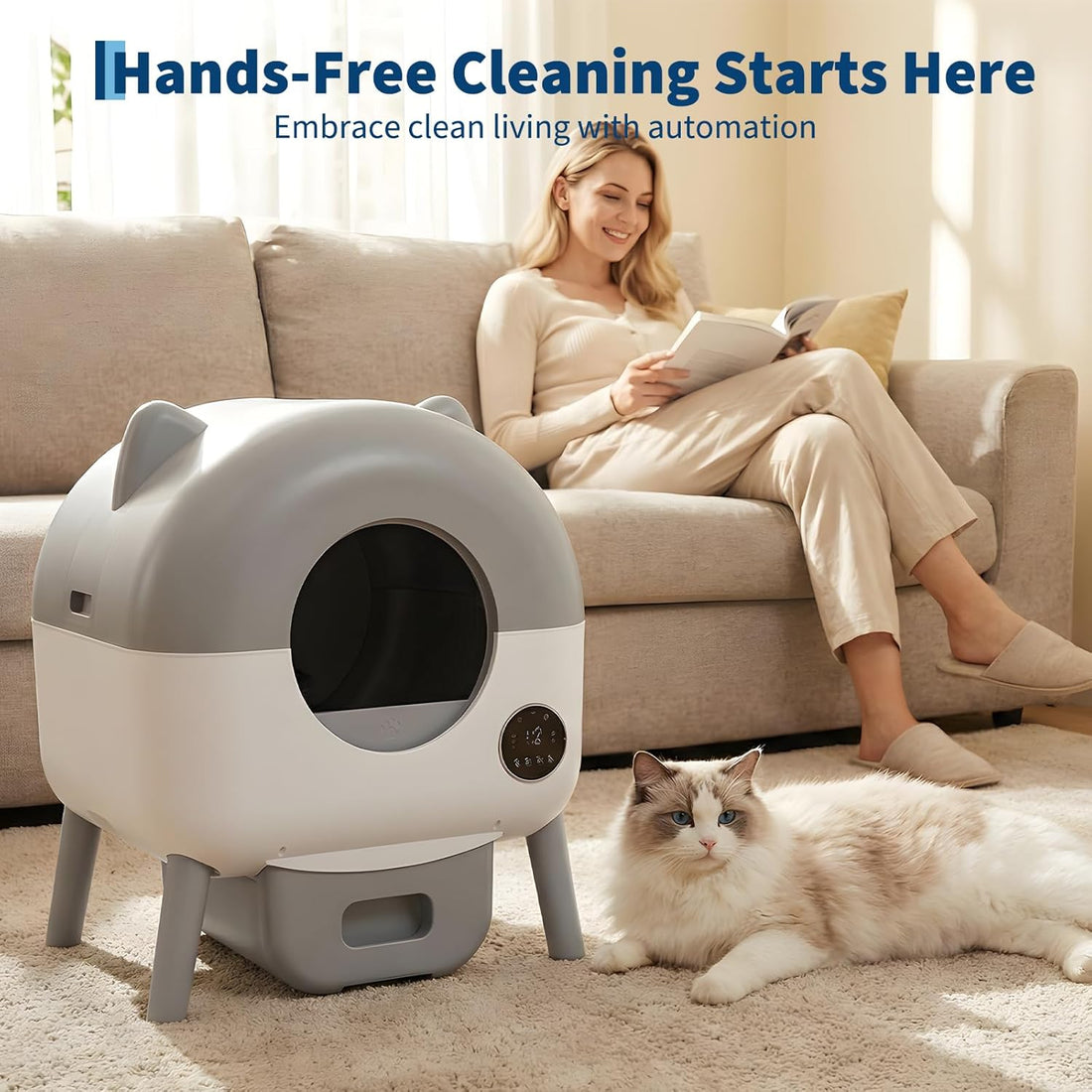 Garvee Automatic Self Cleaning Litter Box, 76L Capacity Extra Large Automatic Cat Litter Box for Multiple Cats, Smart Safety Sensors, App Control, Low Noise, Washable Tray & Trash Bag, Gray