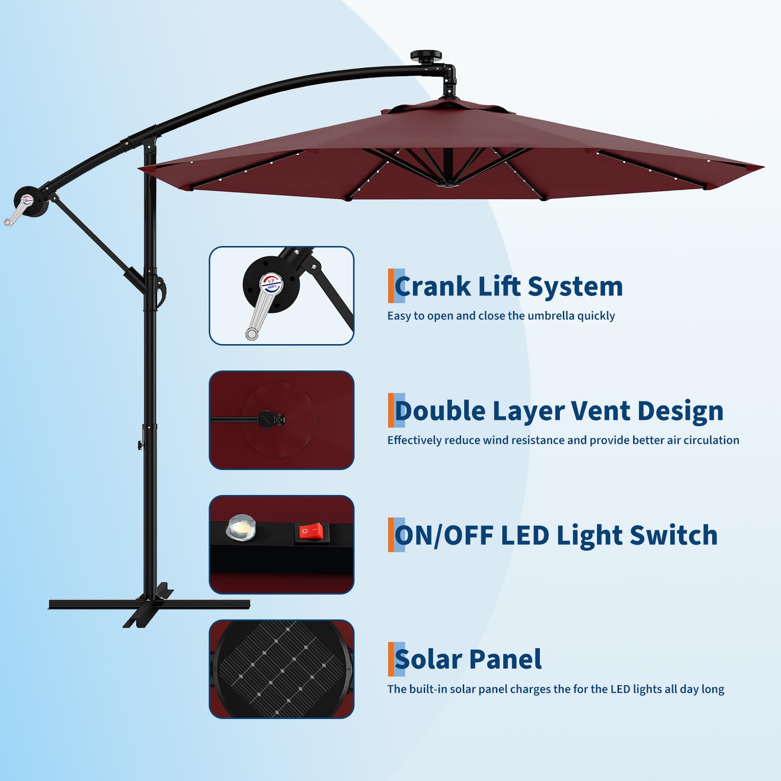 10' Solar Cantilever Umbrella - LED Lights & UV Protection