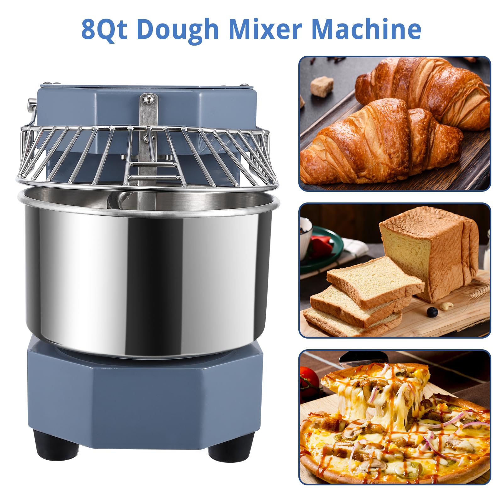 8Qt 450W Dual Rotating Commercial Dough Mixer with Steel Bowl