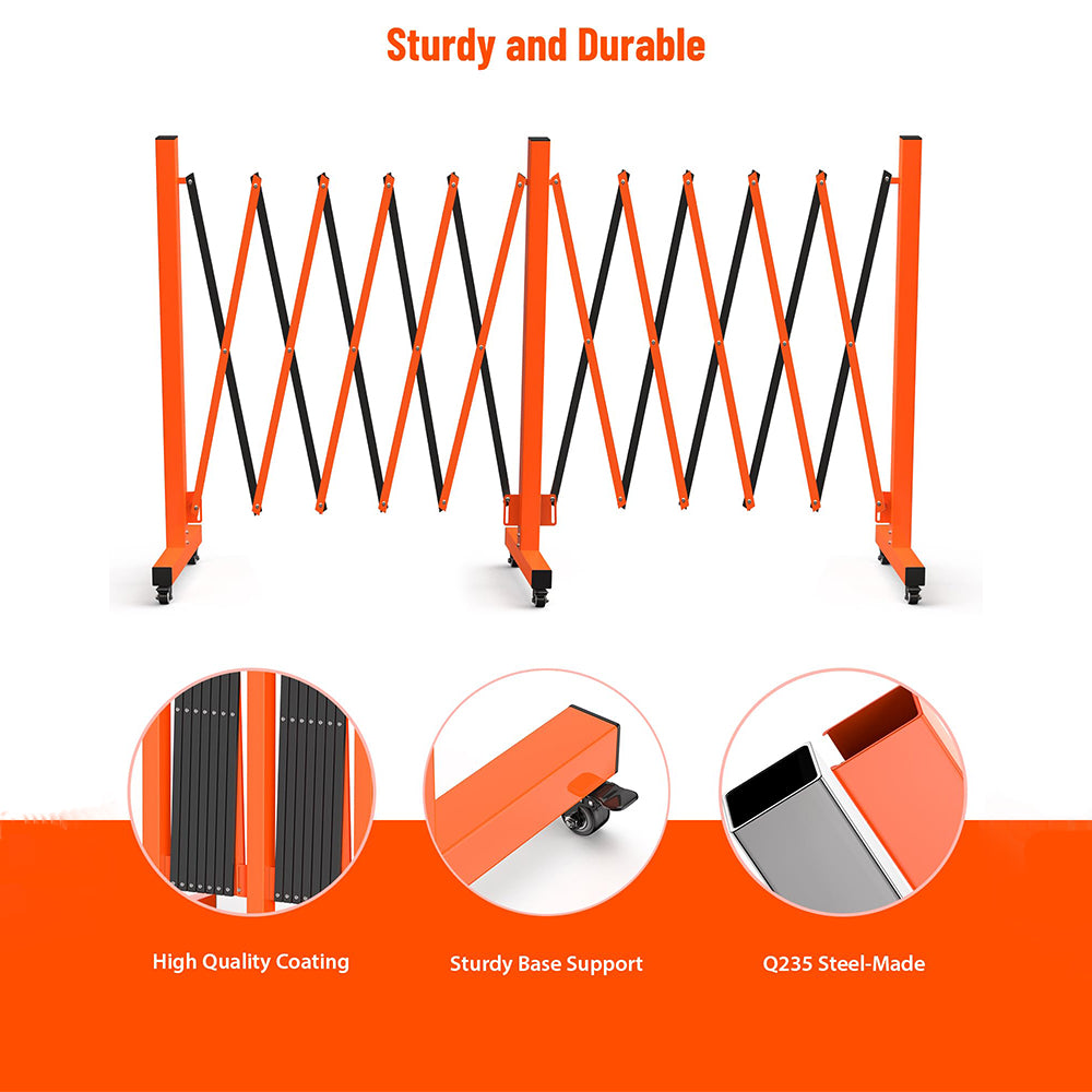 Garvee Metal Expandable Barricade, 16 Ft Folding Security Gate, High Strength Steel Expandable Barricade Gate Outdoor, Industrial Expandable Barricade Gate with Casters, Orange&Black