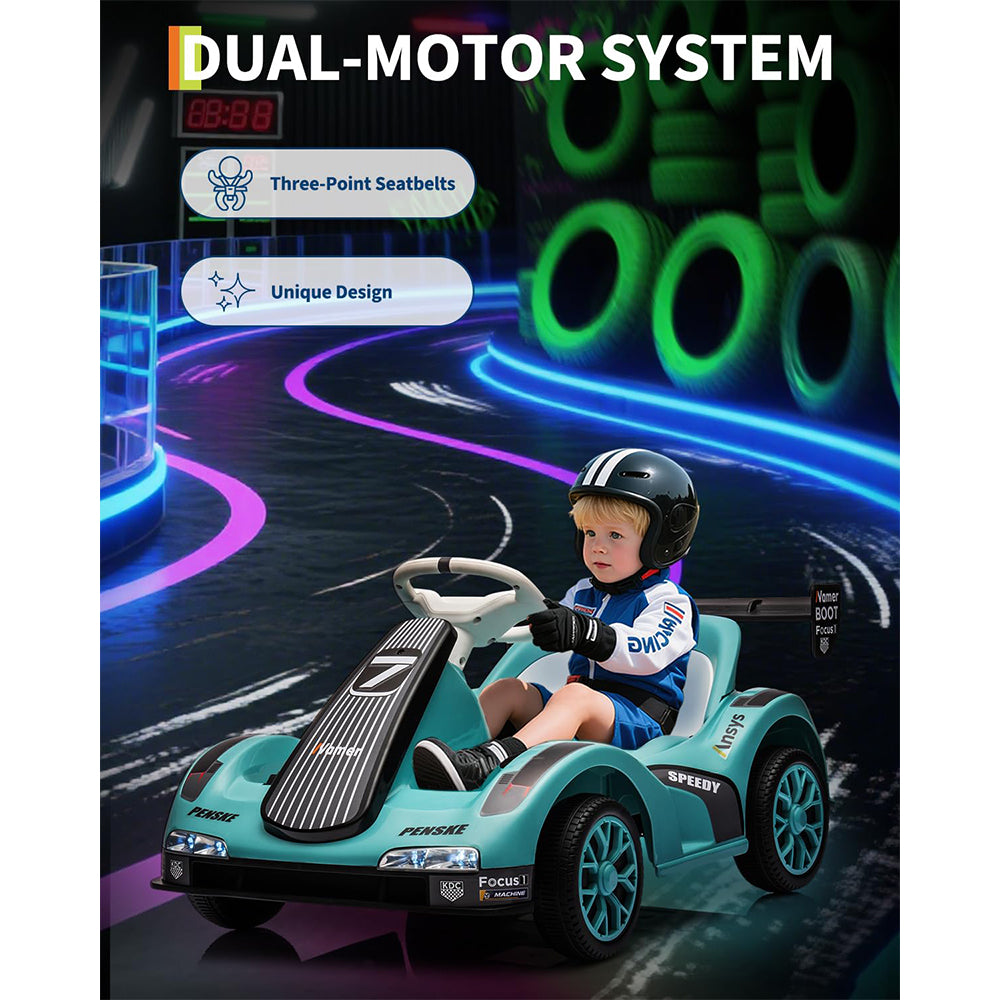 Garvee Kids Go Kart Ride On Drift Kart Dual Motors Battery Powered Outdoor Racing Toy Boys Girls 2 Mph LED Lights