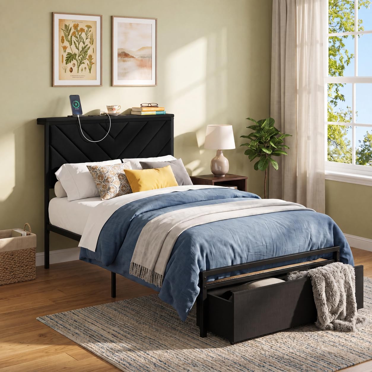 Garvee Twin Size Metal Platform Bed Frame with Upholstered Storage Headboard & Shelf, 2 Rolling Underbed Drawers, Charging Station, No Box Spring Needed, Easy Assembly, Black