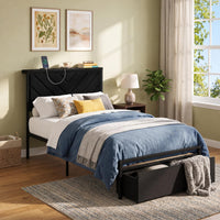 Garvee Twin Size Metal Platform Bed Frame with Upholstered Storage Headboard & Shelf, 2 Rolling Underbed Drawers, Charging Station, No Box Spring Needed, Easy Assembly, Black