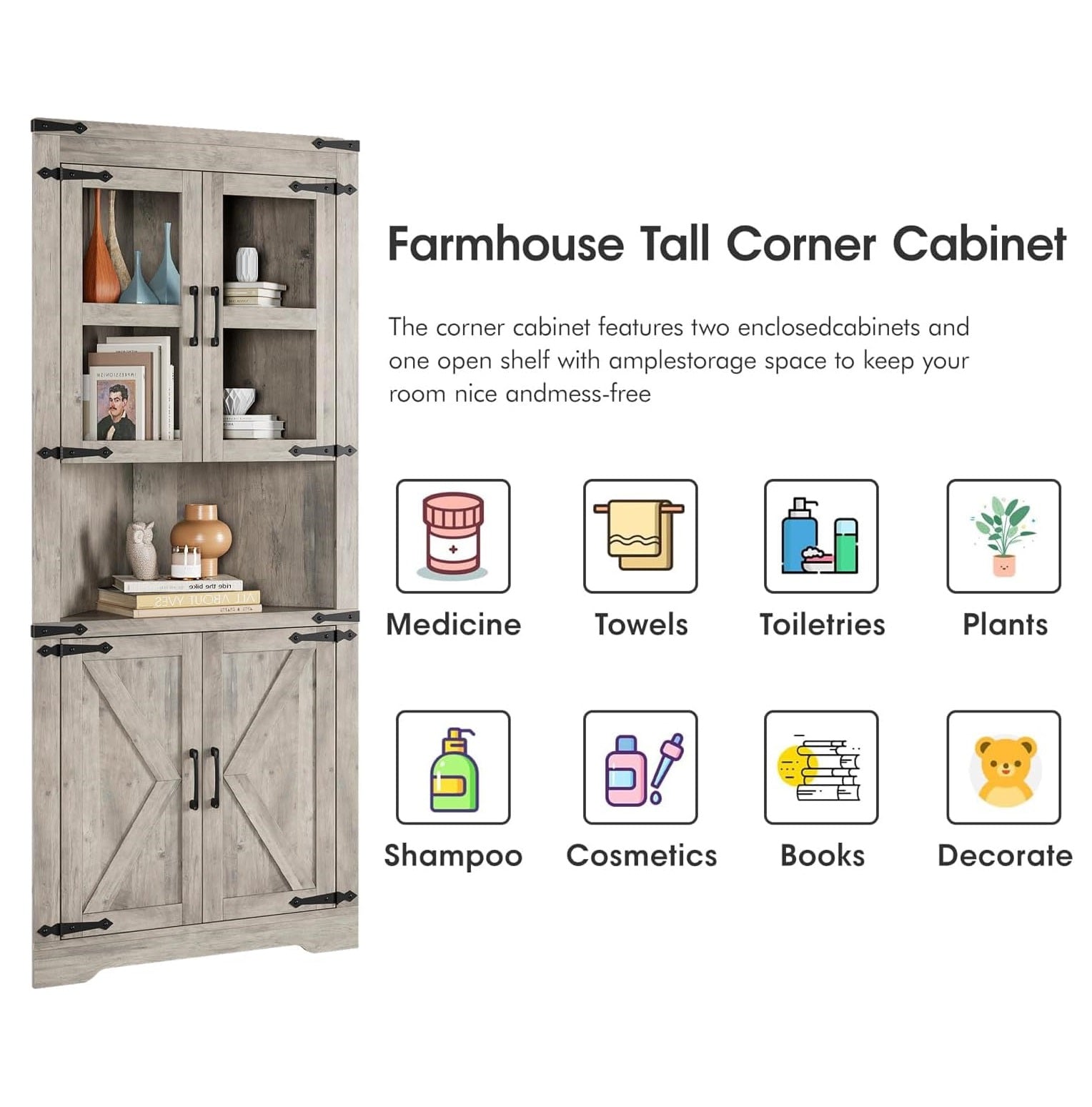 Garvee Farmhouse Corner Cabinet, Tall Corner Storage Cabinet with Barn Door & Adjustable Shelves, Bathroom Cabinet with Storage for Living Room, Kitchen, Bathroom, Gray