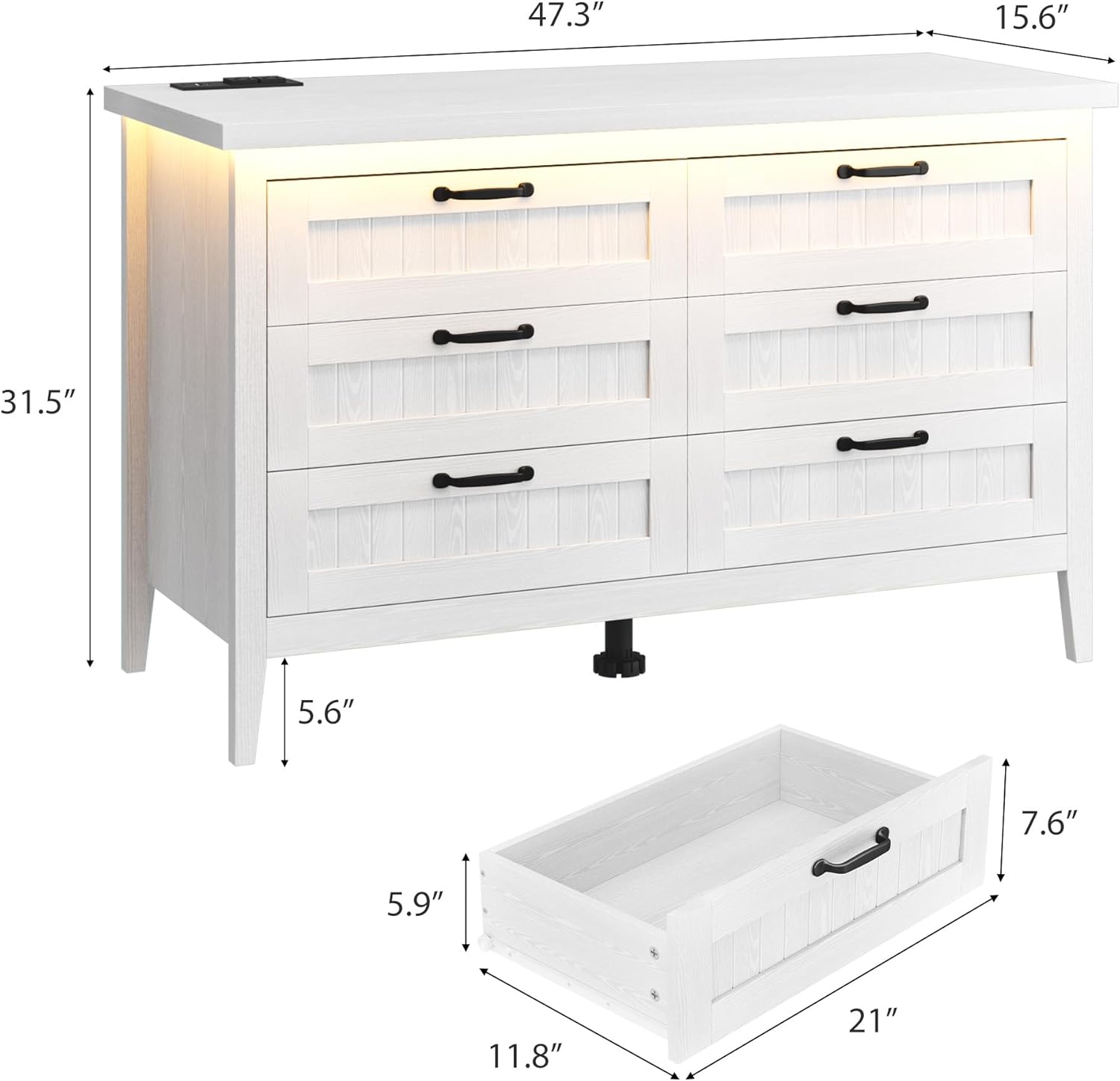 Garvee 6 Drawer Dresser with Power Outlet, White Dresser with LED Light, Modern Chest of Drawers for Closet, Double Wide Drawer Organizer Cabinet for Bedroom, Living Room