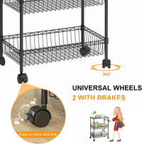 Garvee 3 Tier Rolling Cart, Metal Kitchen Cart On Wheels with Baskets, Wire Shelving Rolling Snack Storage Cart Utility Trolley with Handles for Kitchen Bathroom Office Laundry, Black