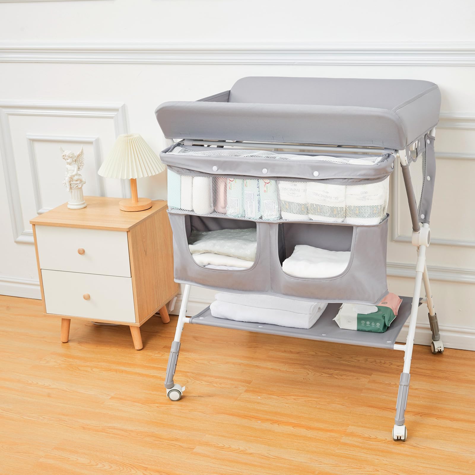 Portable Baby Changing Table, Babevy Foldable Diaper Change Table with Wheels, Adjustable Height, Cleaning Bucket, Changing Station for Infant Mobile Nursery Organizer for Newborn