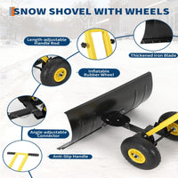 Garvee Wheeled Snow Shovel 29x14 Double-Rod Metal Snow Pusher 5-Angle Adjustable T-Handle Rubber Wheels for Driveways Sidewalks Doorways