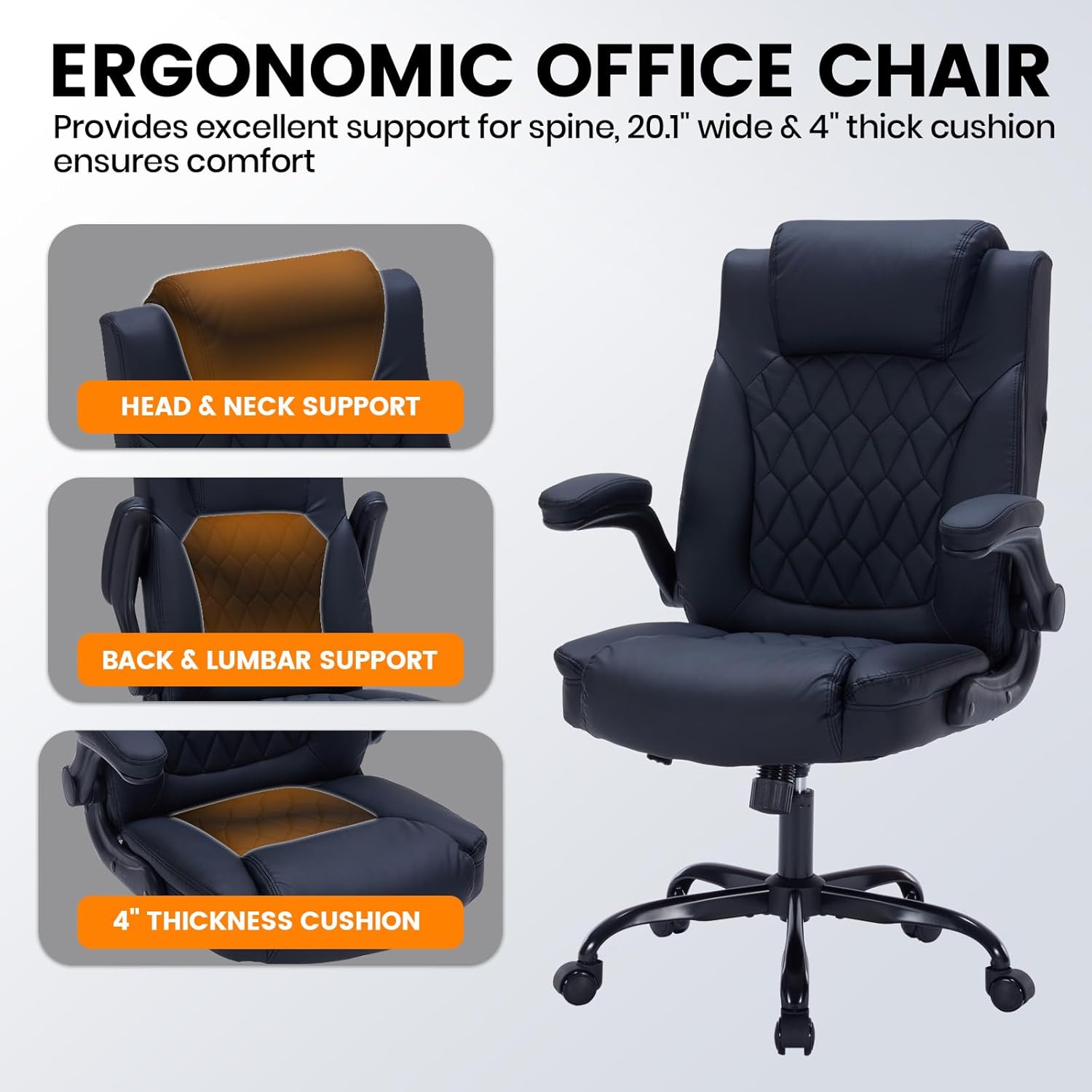 Garvee PU Leather Executive Office Desk Chair, 350lbs Capacity Computer Desk Chair with Padded Flip-Up Arms, Tilt Lock & 360° Swivel Free Wheels, Ergonomic Office Chair for Heavy People, Black