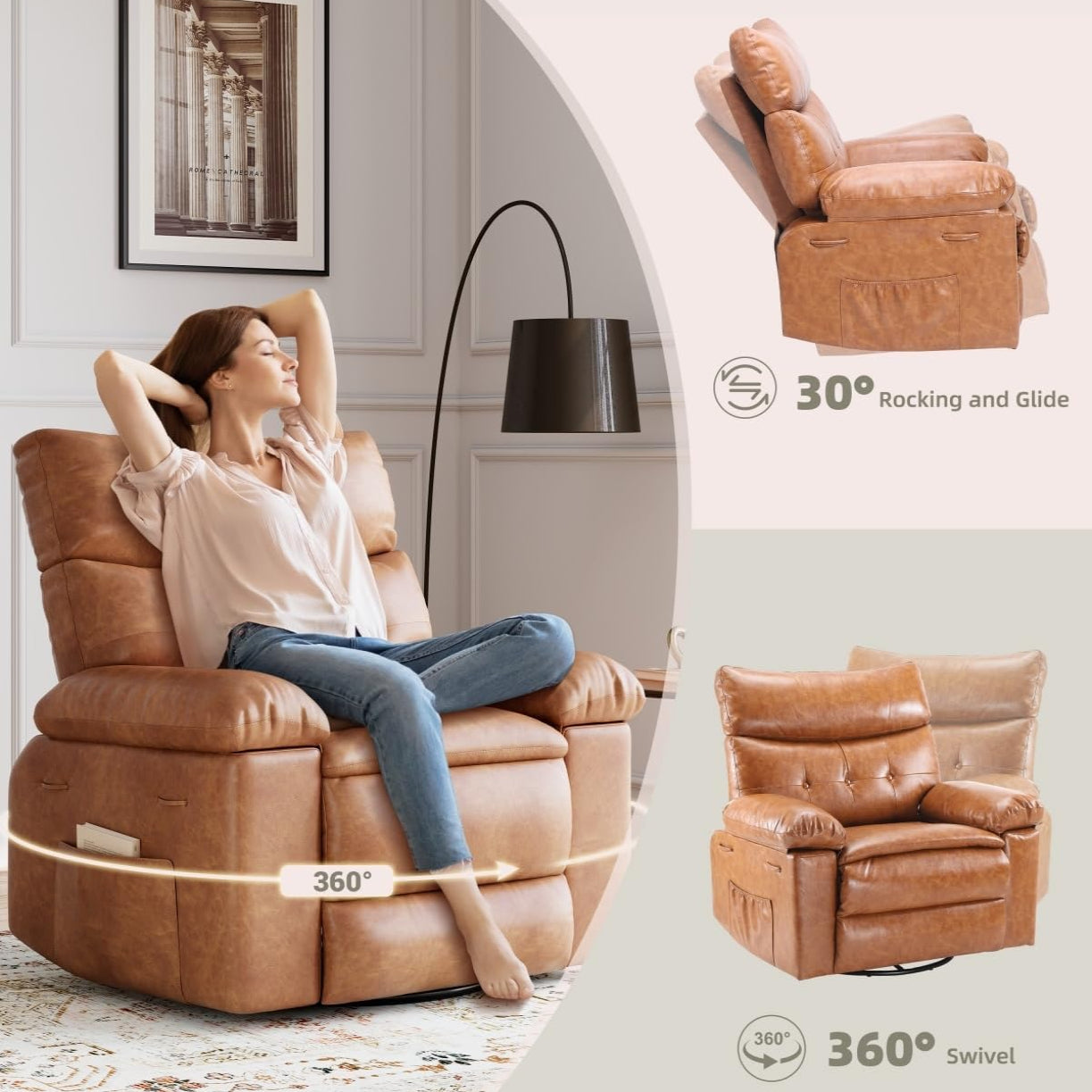 Garvee 22" Widen Recliner Chairs with Heat and Massage - 360° Swivel Lazy Boy Recliner Chair for Adults- Manual Rocking Chair with Cup Holder for Living Rooms, Bedrooms, and Nurseries - Brown
