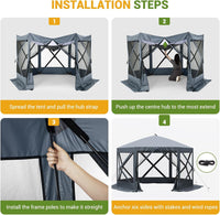 Garvee 12x12ft Camping Gazebo, Portable Pop Up Canopy Screen Tent 6 Sided with Mesh Windows and Carry Bag for Camping, Outdoor, Picnic, Backyard Party Outside Activities, Gray