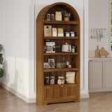 Garvee 72" Tall Arched Bookshelf with Storage Drawer – 6-Tier Bookcase Cabinet with Open Shelves & Metal Handle, Arch Display Storage Cabinet for Living Room, Kitchen, Home Office - Walnut