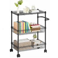 Garvee 3 Tier Rolling Cart, Metal Kitchen Cart On Wheels with Baskets, Wire Shelving Rolling Snack Storage Cart Utility Trolley with Handles for Kitchen Bathroom Office Laundry, Black