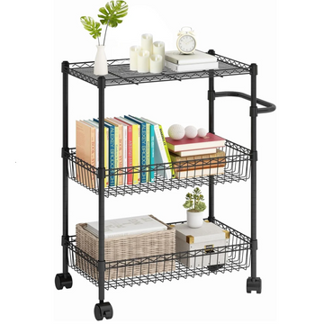 Garvee 3 Tier Rolling Cart, Metal Kitchen Cart On Wheels with Baskets, Wire Shelving Rolling Snack Storage Cart Utility Trolley with Handles for Kitchen Bathroom Office Laundry, Black
