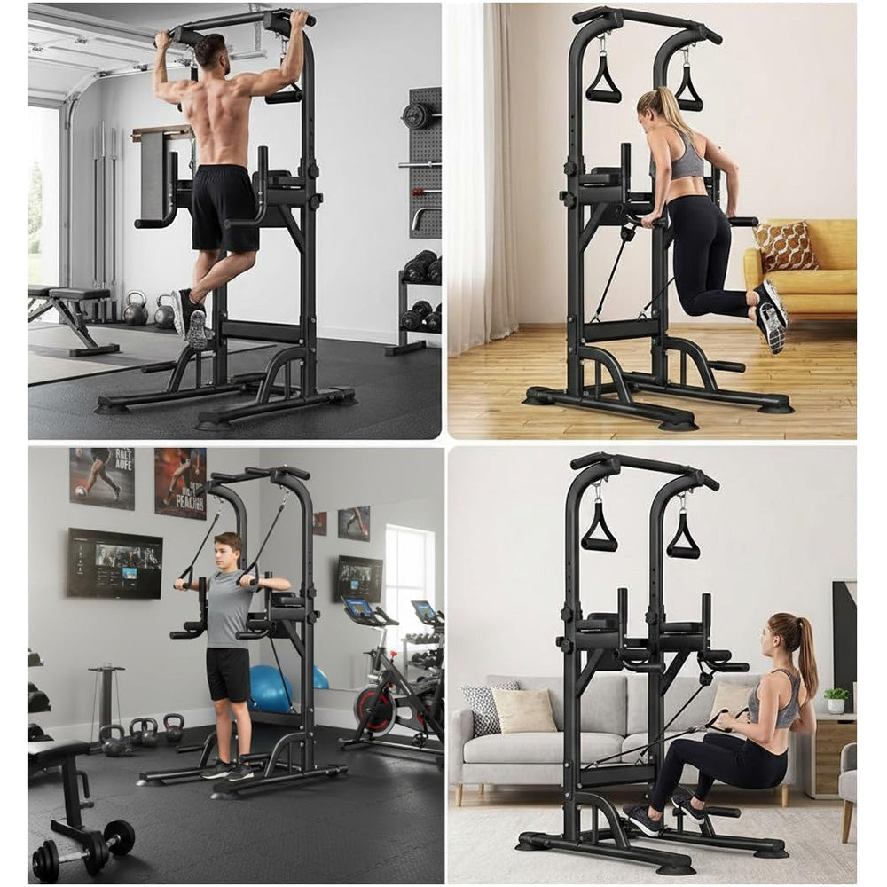 Garvee Freestanding Power Tower with Backrest & Resistance Bands for Home Gym, Adjustable Height 39-90", Black, 450 LBS Capacity