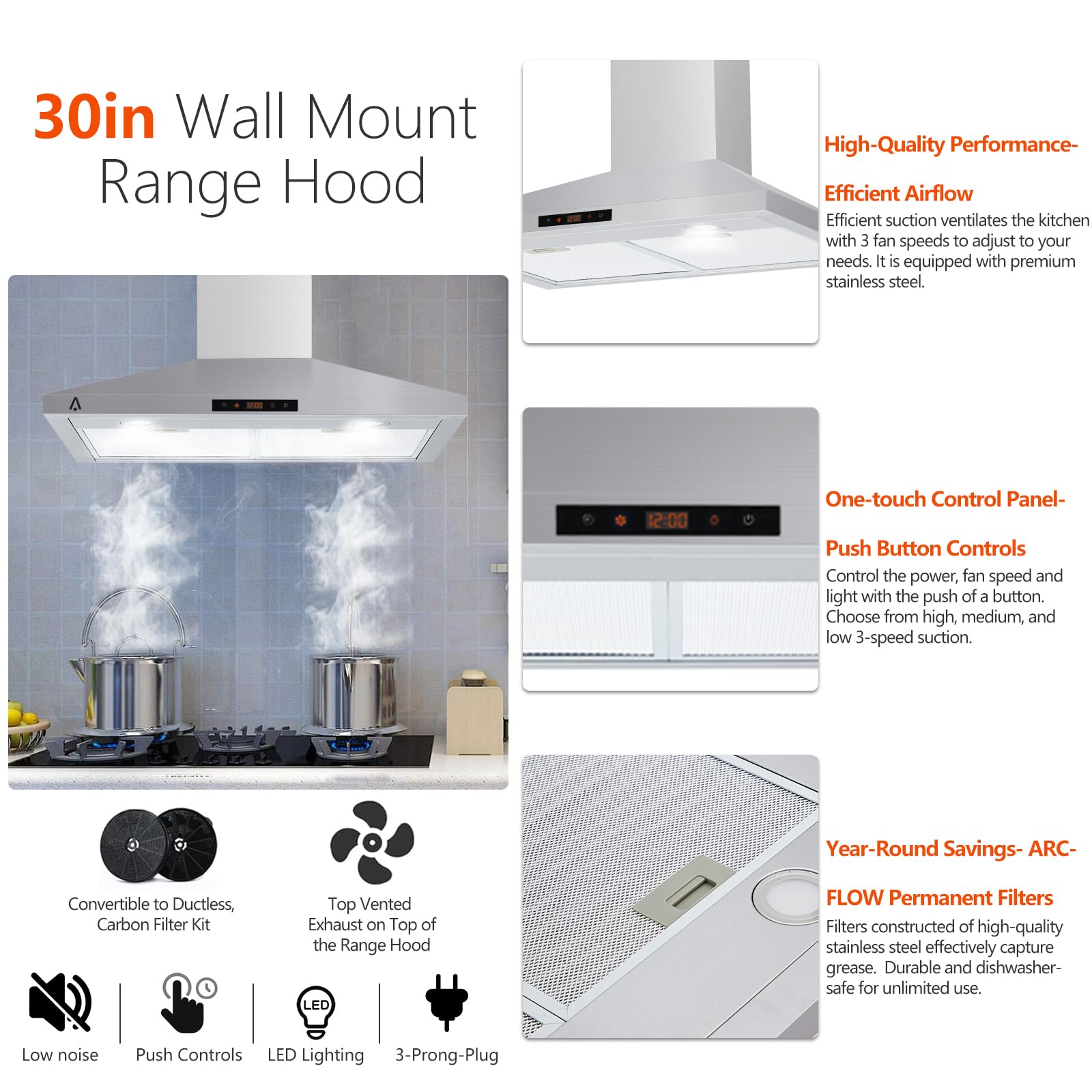 30 Inch Wall Mount Range Hood 265 CFM, Touch Control, LED