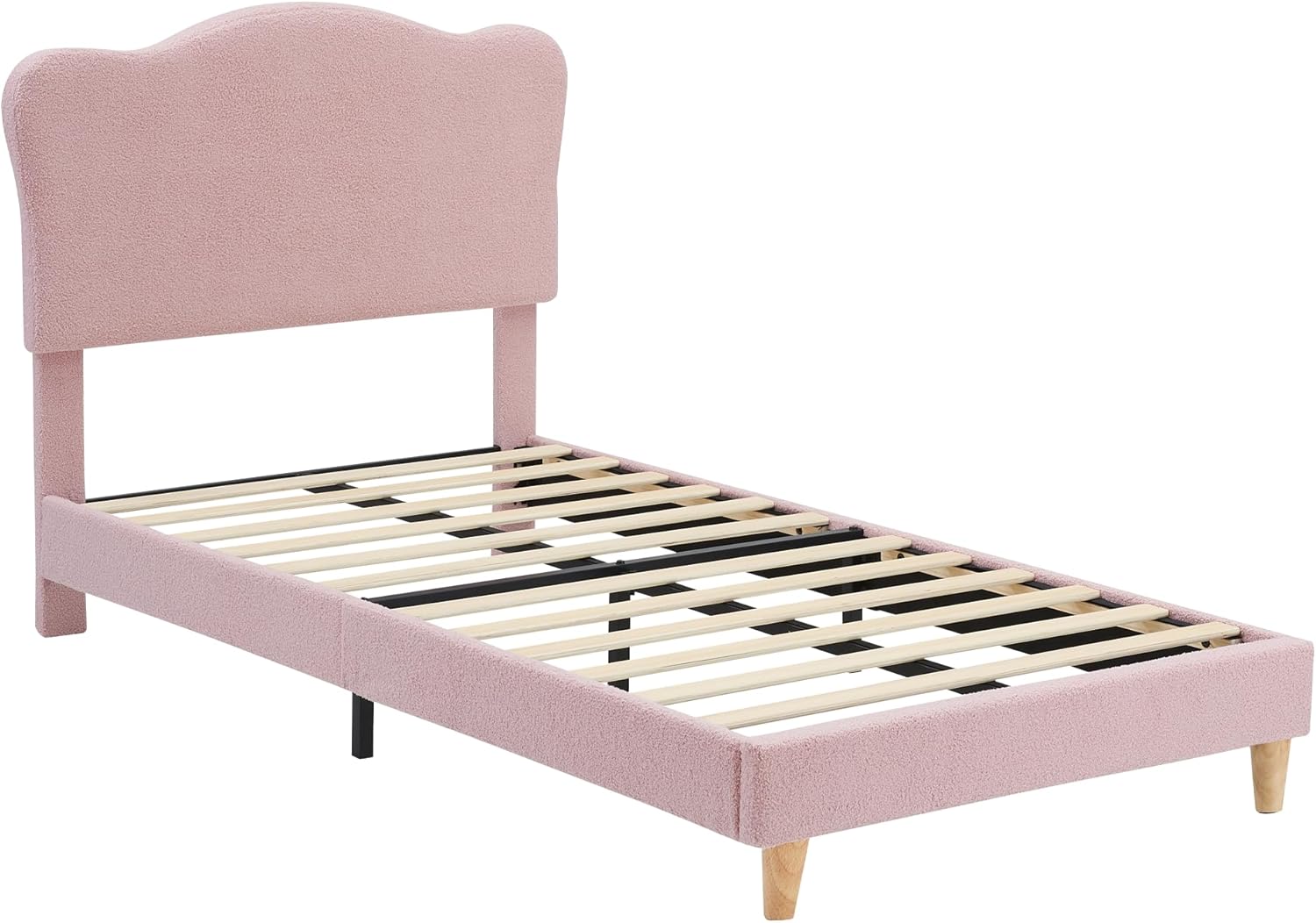Garvee Twin Size Upholstered Bed Frame with Adjustable Crown Headboard, Velvet Princess Platform Bed, Heavy Duty, Solid Wood Slat Support, No Box Spring Needed, Easy Assembly, Pink