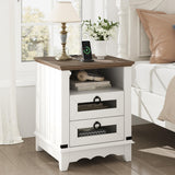 Garvee Nightstand Farmhouse Side Table 24" inch End Table Industrial Bed Side Table with Charging Station Night Stand 2 Drawers Open Cubby Wood Sofa Side Table Living Room Bedroom