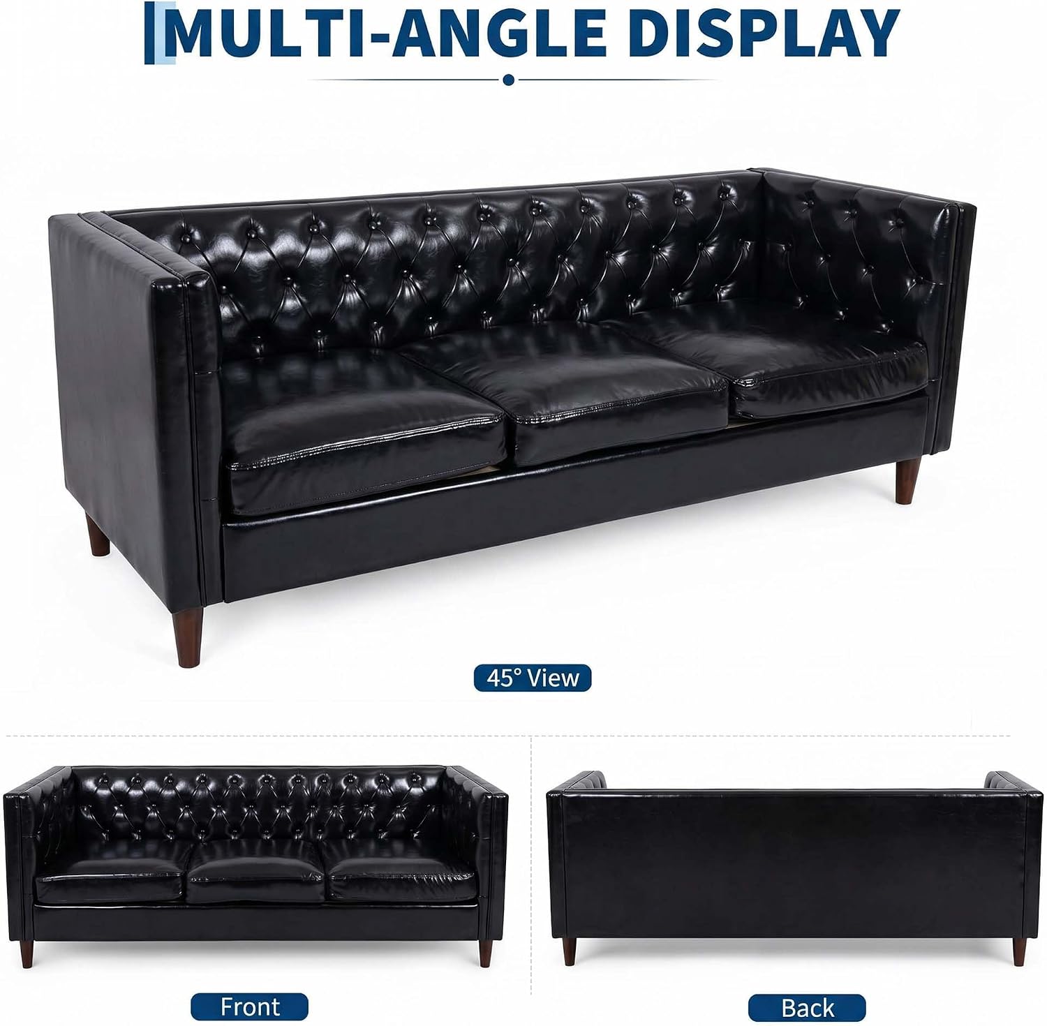 Garvee Modern Chesterfield 81" 3-Seater Leather Sofa - Deep Seat Handmade Button Tufted Back - Robust Wooden Frame, Comfortable Mid-Century Couch for Living Room, Apartment, Office - PU Black