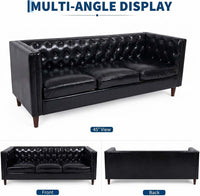Garvee Modern Chesterfield 81" 3-Seater Leather Sofa - Deep Seat Handmade Button Tufted Back - Robust Wooden Frame, Comfortable Mid-Century Couch for Living Room, Apartment, Office - PU Black